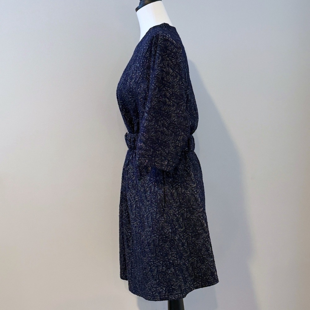 FRNCH Navy Metallic Belted Party Dress – Shimmer Holiday Cocktail Dress - Small - Picture 11 of 16